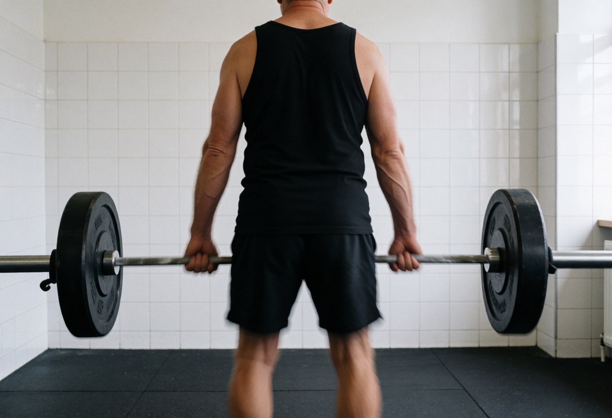 A man executes a barbell deadlift in a gym with white tiled walls, demonstrating strength and proper form.