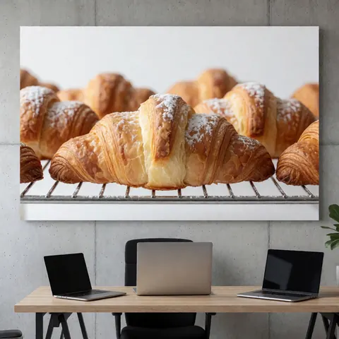 Golden powdered sugar croissants displayed on a wire rack against a textured concrete wall background.
