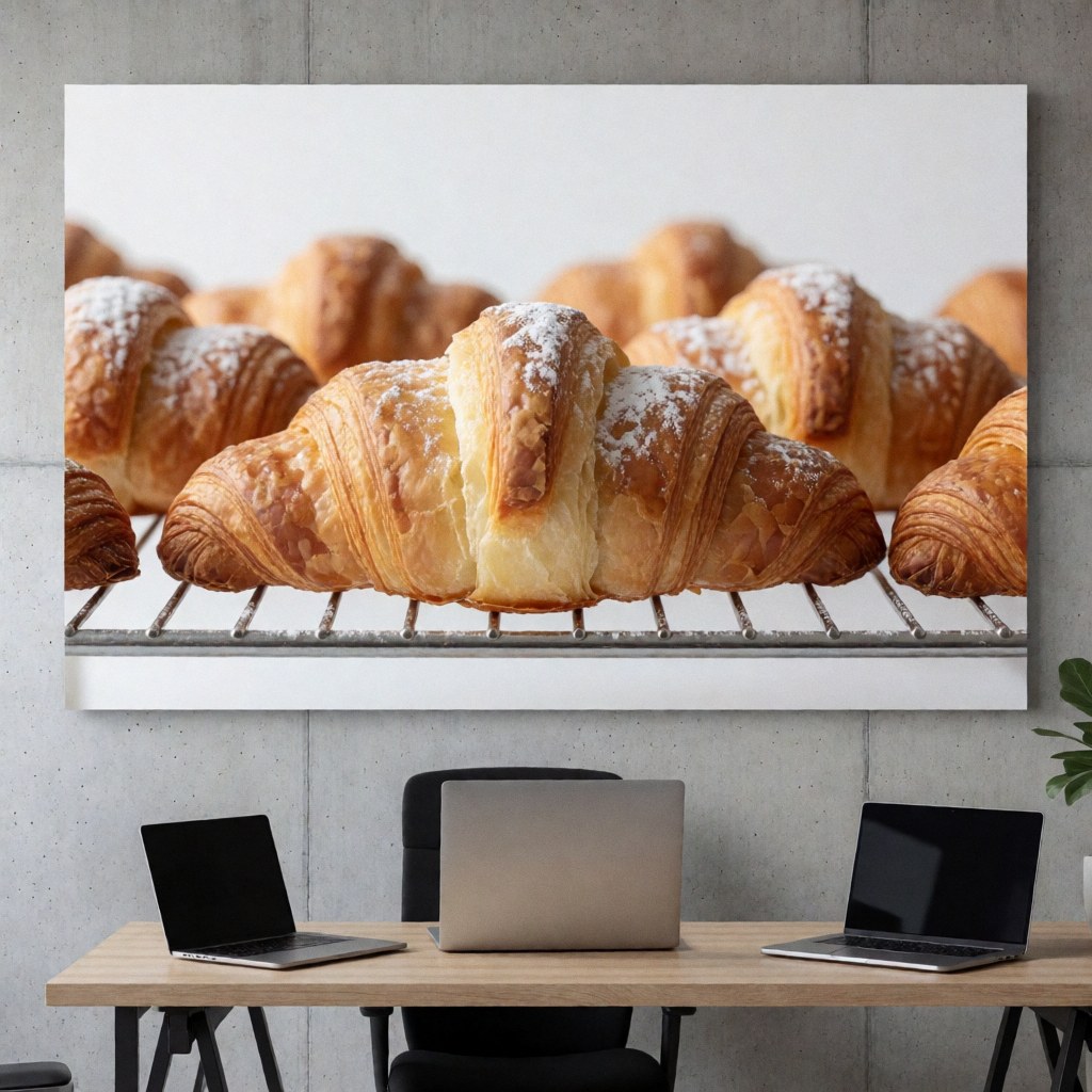 Golden powdered sugar croissants displayed on a wire rack against a textured concrete wall background.
