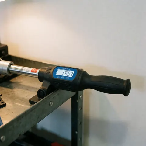 Digital torque screwdriver with blue display screen resting on a metal tool cart for tire repair service