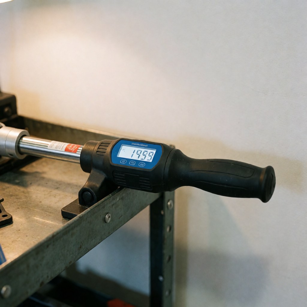 Digital torque screwdriver with blue display screen resting on a metal tool cart for tire repair service