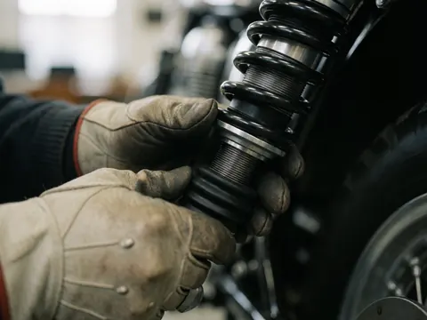 Close-up of gloved hands adjusting a suspension spring in a motorcycle repair shop with shiny metal parts