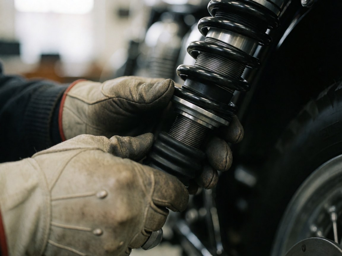Close-up of gloved hands adjusting a suspension spring in a motorcycle repair shop with shiny metal parts