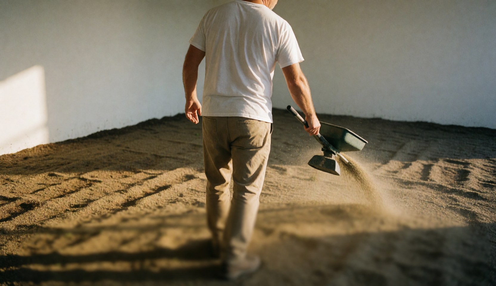 Gardener spreading seed with a hand tool on prepared soil against a white wall with golden light, ideal for gardening services
