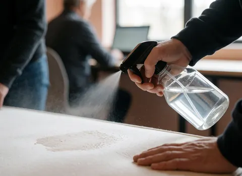 A hand spraying cleaning solution onto a stain on a white surface, demonstrating professional cleaning service in action.