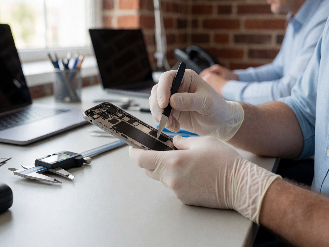 Gloved hands repairing an open smartphone on a workbench with a digital caliper and brick wall background