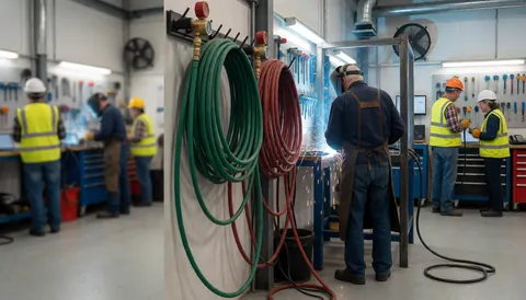 Welder wearing reflective vest and helmet working with tools in industrial workshop with other workers and hanging tools in background