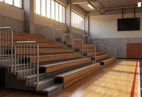 Empty wooden bleachers with metal railings in a basketball gym featuring parquet flooring and natural light