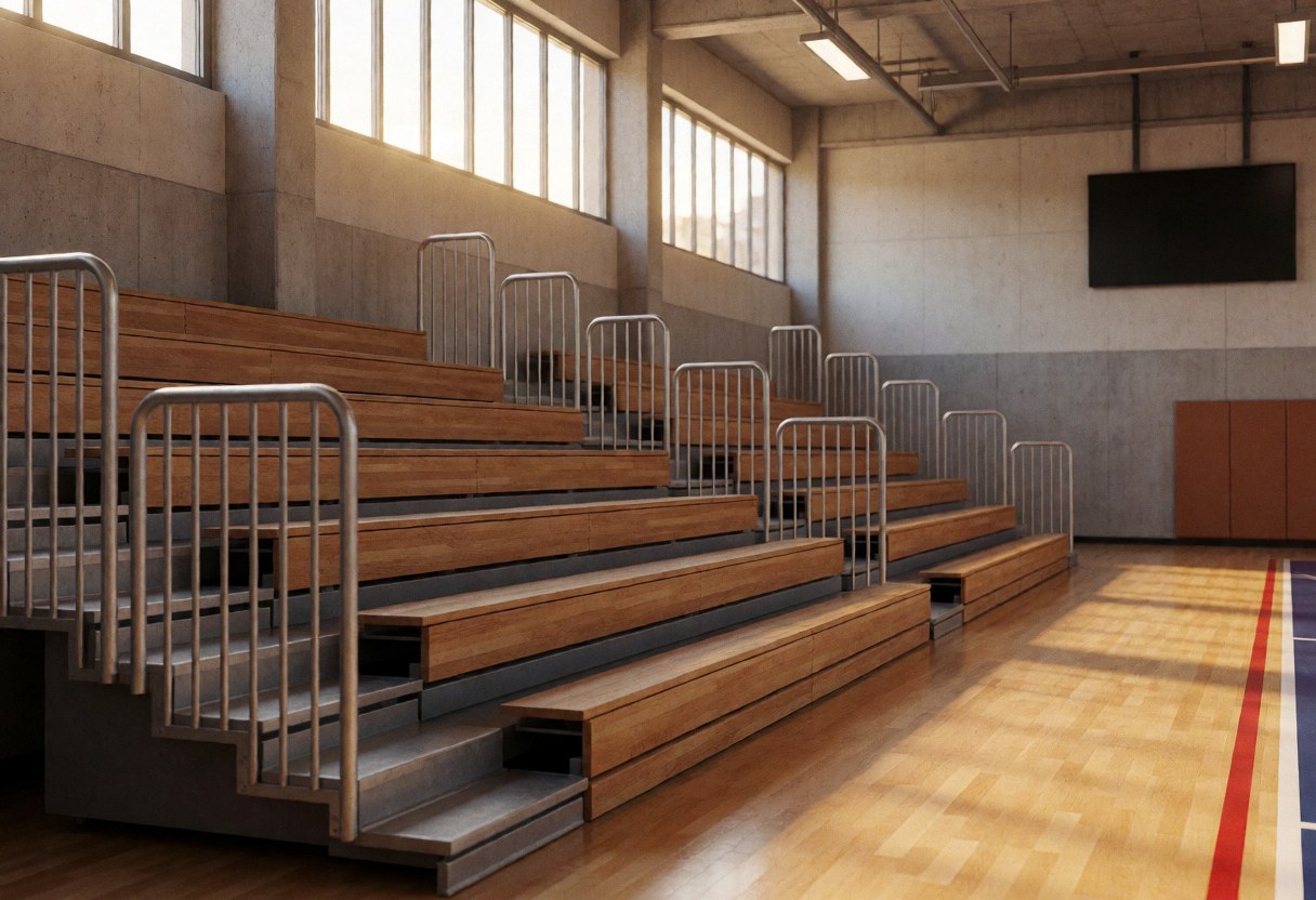 Empty wooden bleachers with metal railings in a basketball gym featuring parquet flooring and natural light