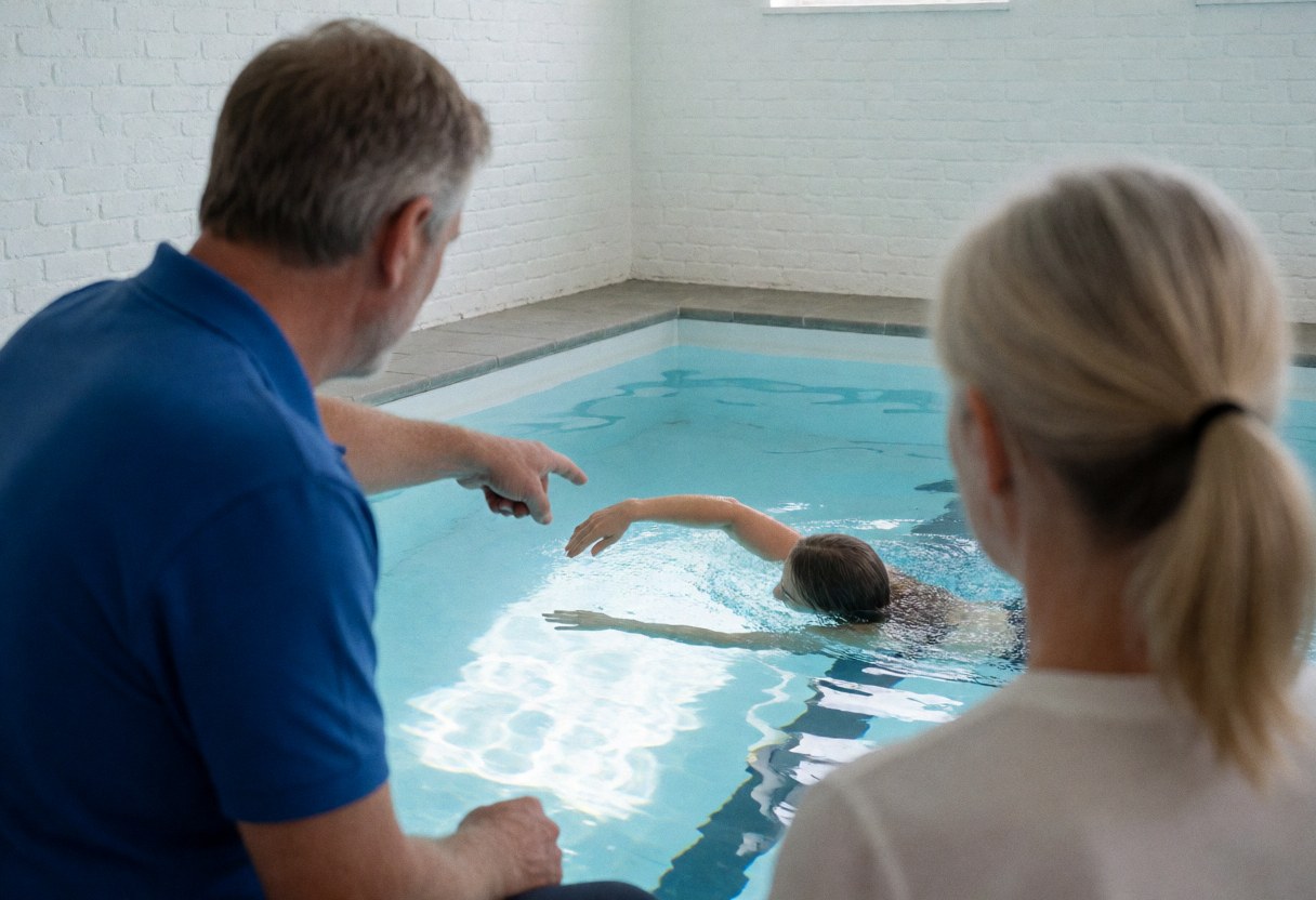 Swimming coach gives instruction to student in indoor pool with white brick walls, visible teaching gesture.