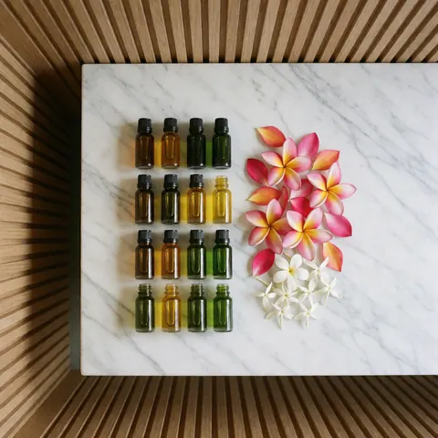 Glass jars of essential oils arranged with tropical flowers on a white marble surface for cupping massage products