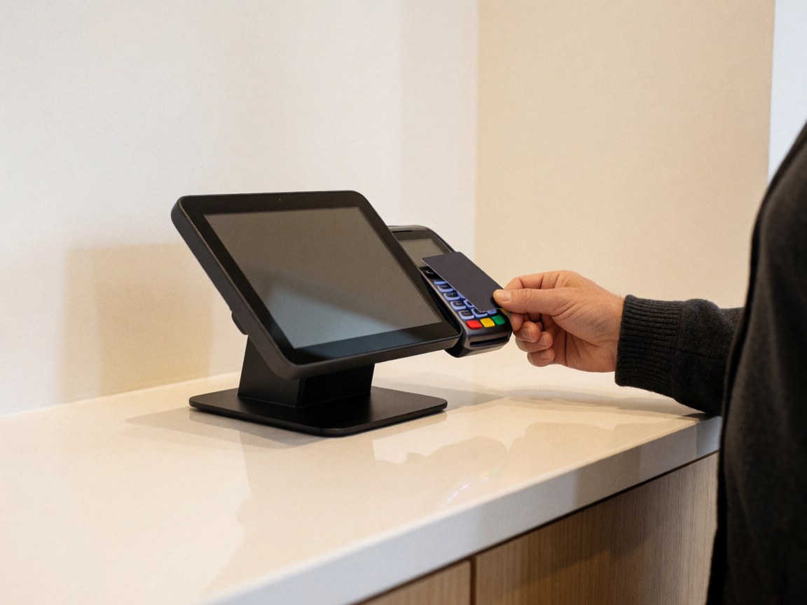 A hand uses a card on a payment terminal on a clean counter with warm white walls and bright lighting.