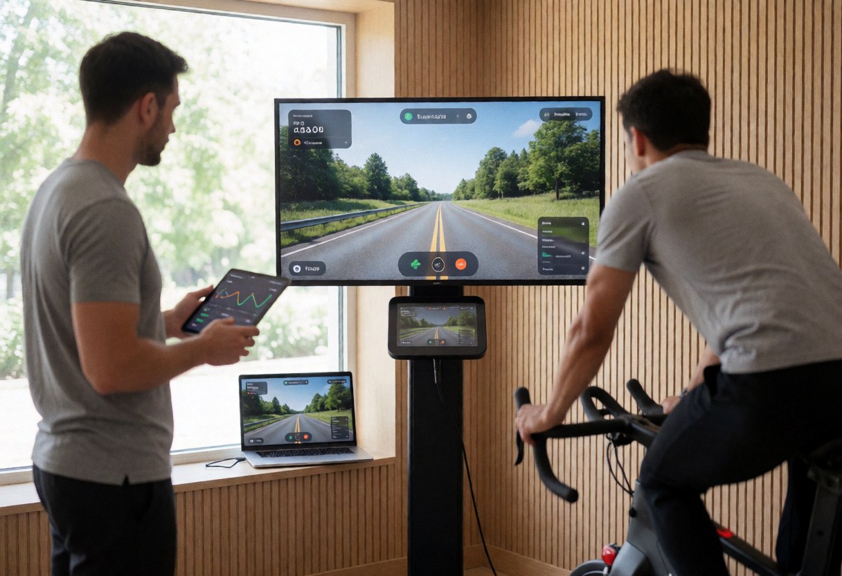 Cycling coach holding a tablet while monitoring a client on a smart trainer with a large screen showing a virtual route in a room with wooden walls and natural light.