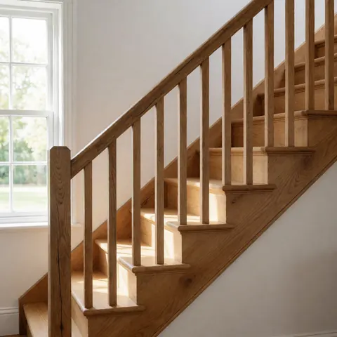A solid wood staircase with a railing, illuminated by natural light in a home with white walls, showcasing carpentry craftsmanship.