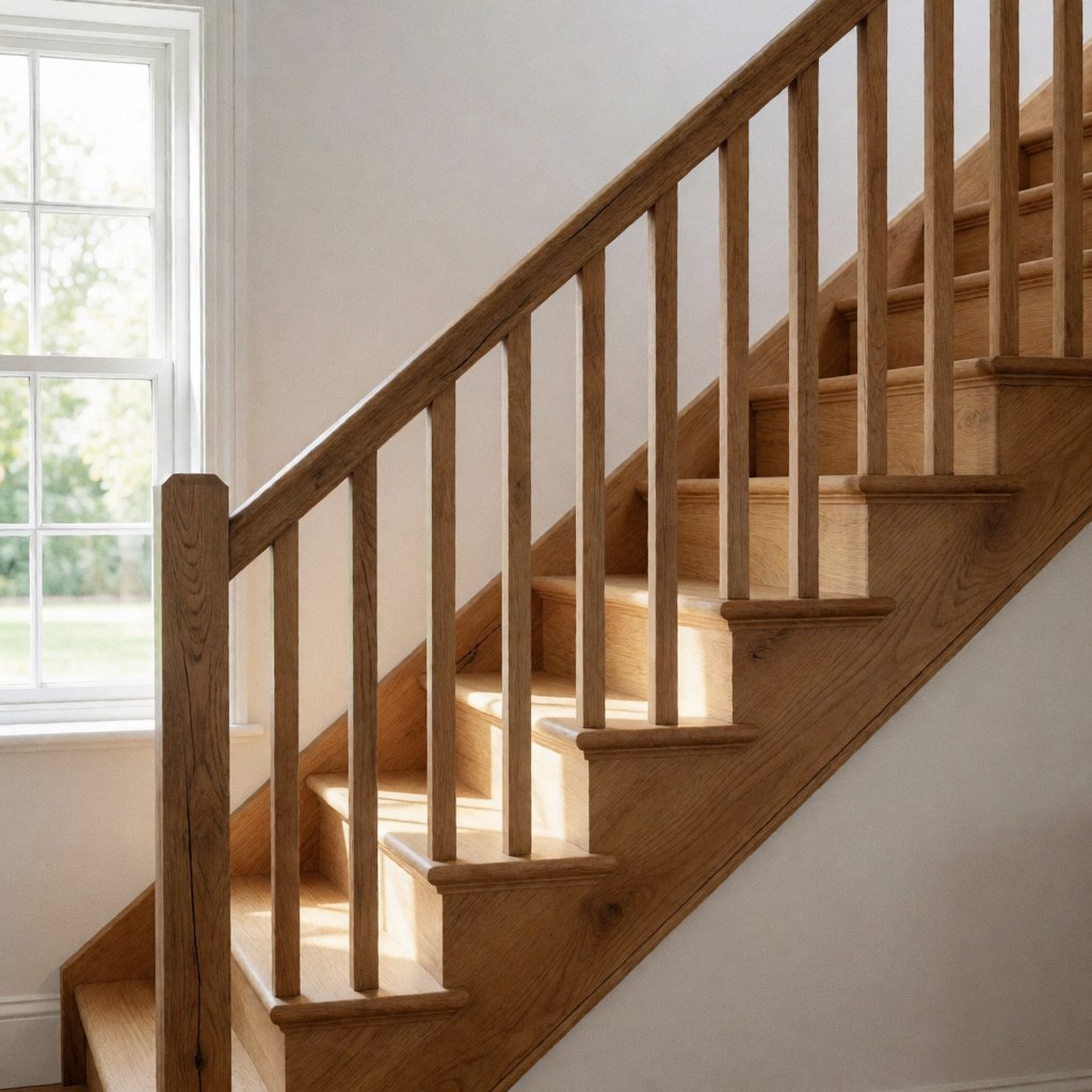 A solid wood staircase with a railing, illuminated by natural light in a home with white walls, showcasing carpentry craftsmanship.
