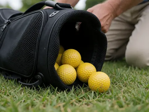 Close-up of a black golf bag containing yellow golf balls resting on green grass, showing golf instructor tools.