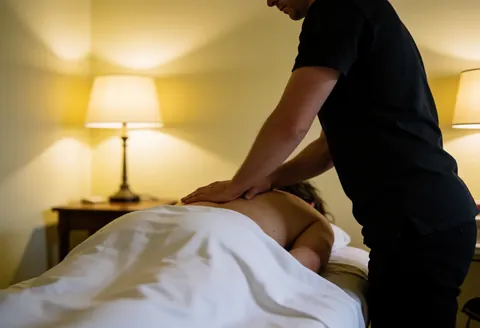 Professional therapist performing a back massage on a client lying down in a room with yellow walls and warm lamps, ideal for massage businesses.