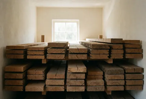 Stacked wooden planks in a warehouse with white walls and natural light, ideal for wood carving.