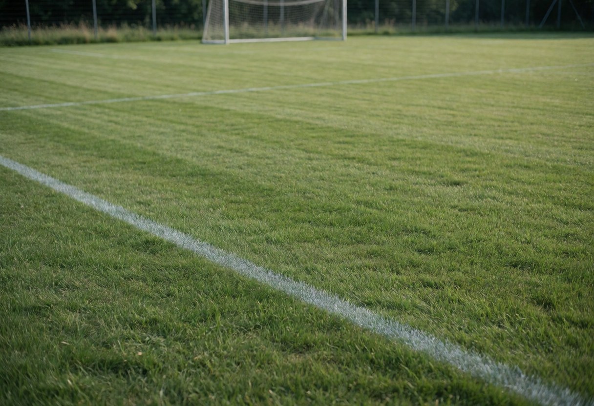 Green grass soccer field with white boundary lines and a metal goalpost, suitable for sports coaching contexts