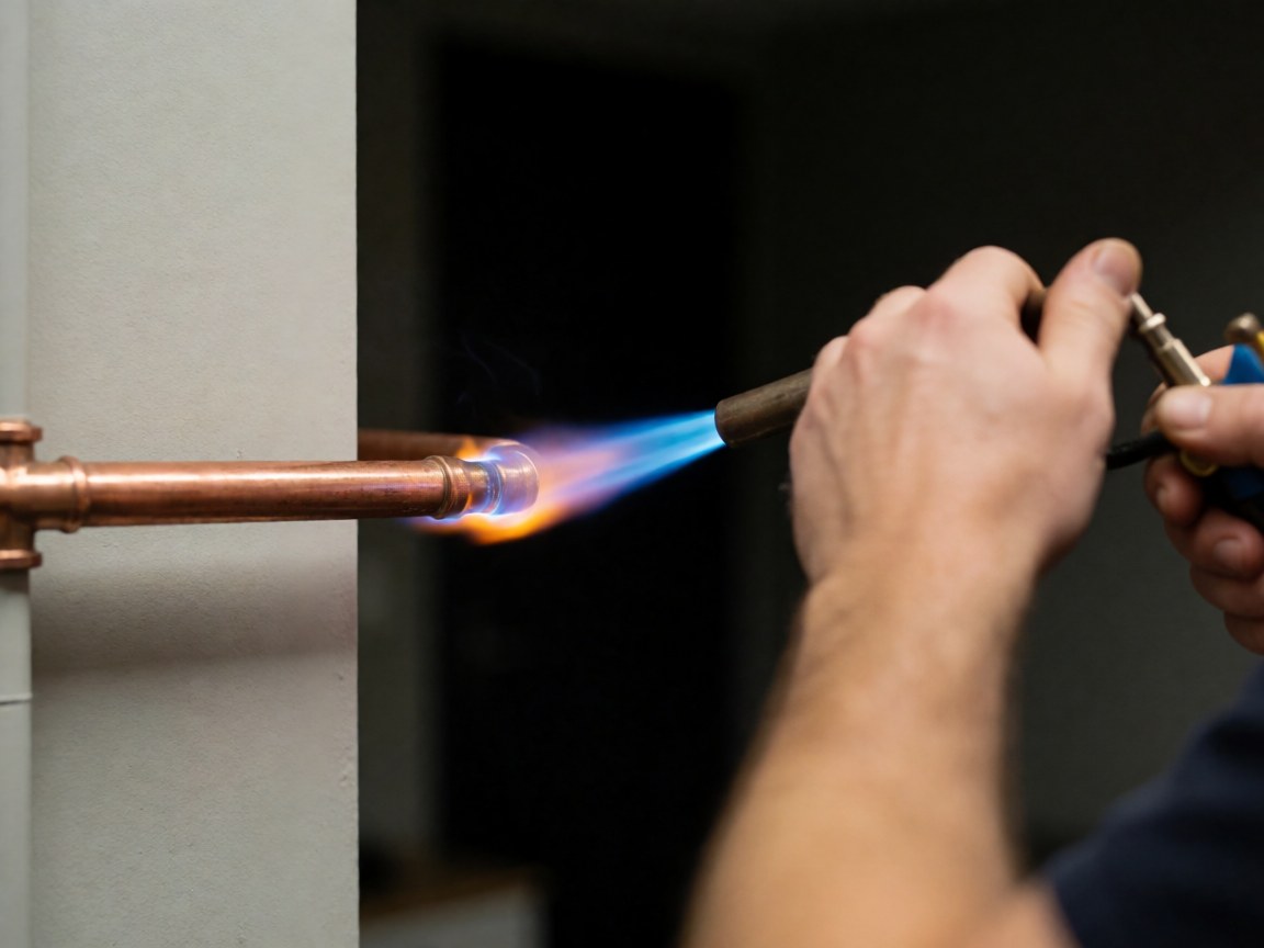 Close-up of a hand using a torch to solder a copper pipe joint against a gray wall during a plumbing repair service.