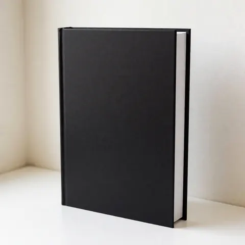 A book with a black matte cover and white pages resting on a white surface against warm walls with soft lighting