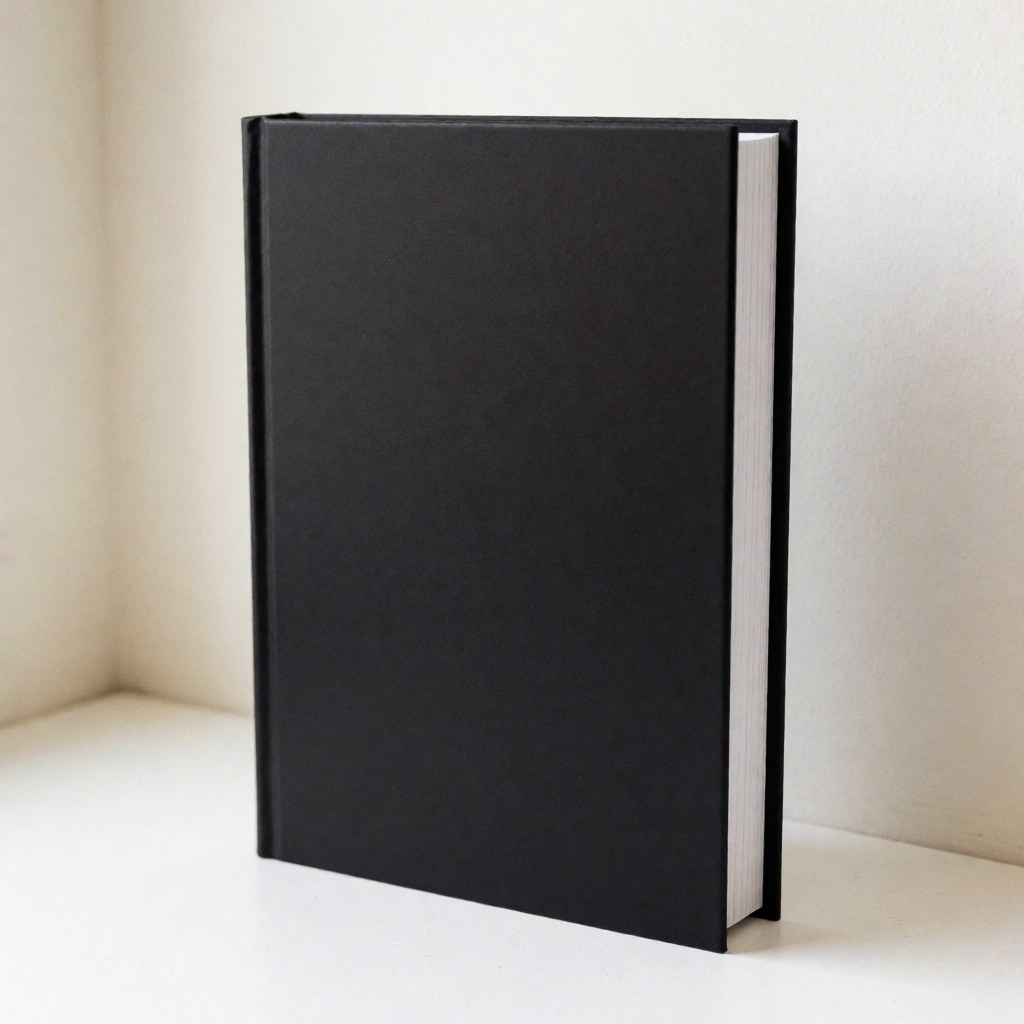 A book with a black matte cover and white pages resting on a white surface against warm walls with soft lighting