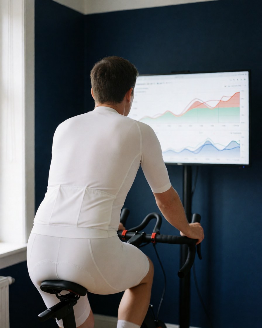 A man on a stationary bike looks at a monitor displaying performance graphs in a room with dark blue walls and natural light.