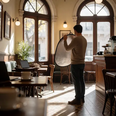 Photographer holding a reflector inside a historic cafe with arched windows, tiled floors, and wooden tables illuminated by natural light.