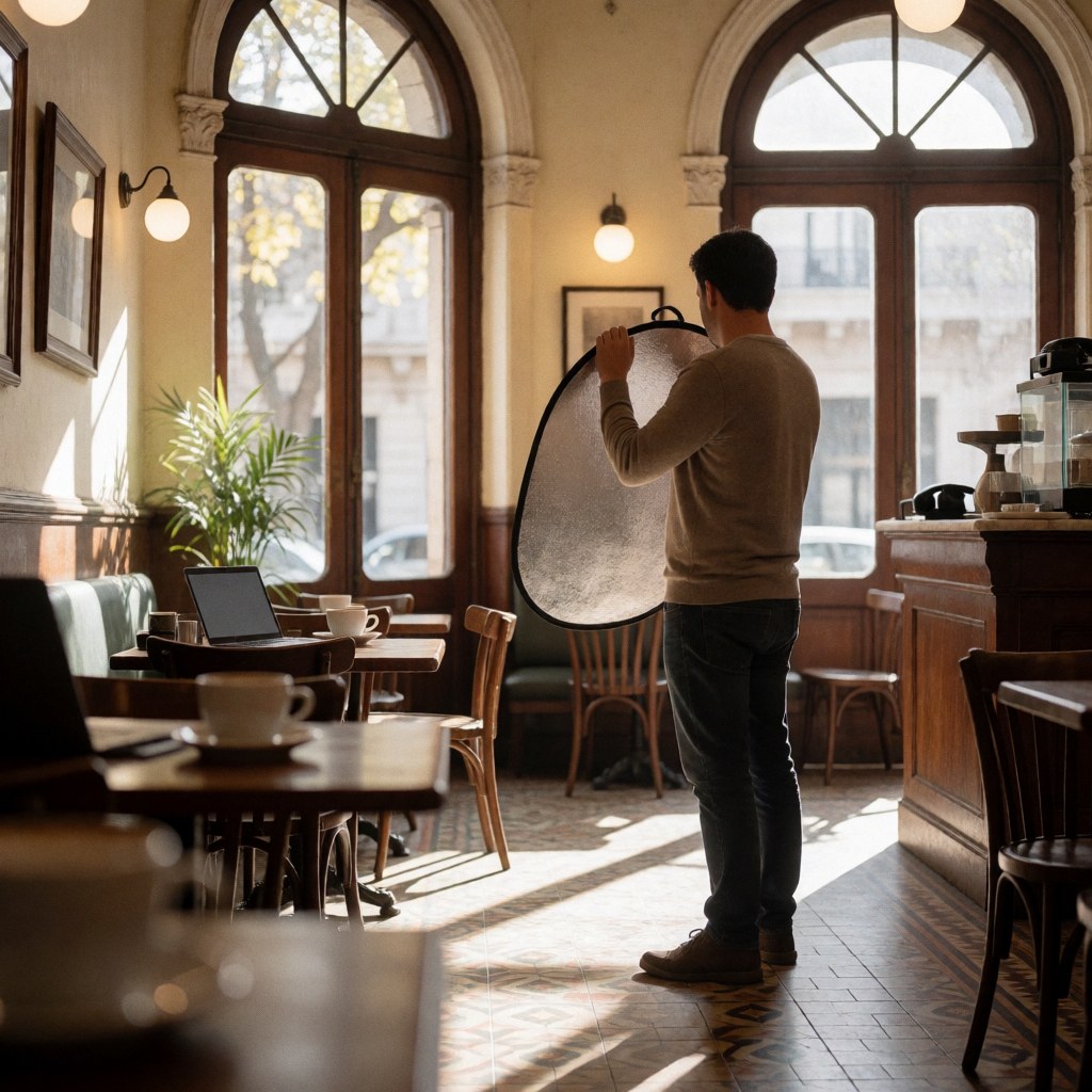Photographer holding a reflector inside a historic cafe with arched windows, tiled floors, and wooden tables illuminated by natural light.