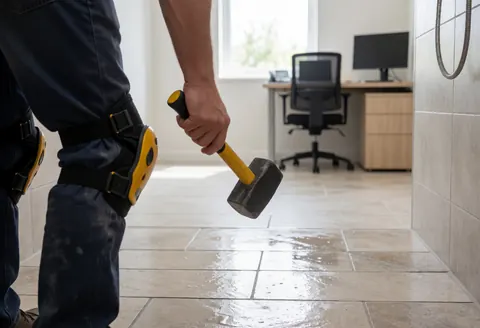 A tiler wearing knee pads and holding a hammer while working on a tiled bathroom floor with water visible on the ground.