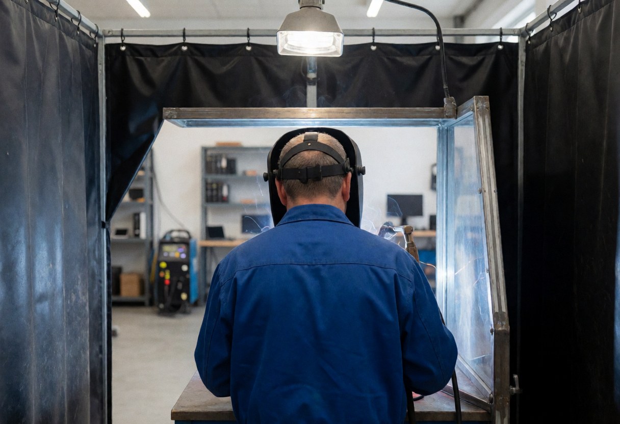 A welder wearing a black helmet works inside an industrial welding booth with bright lighting and a clean workshop background.