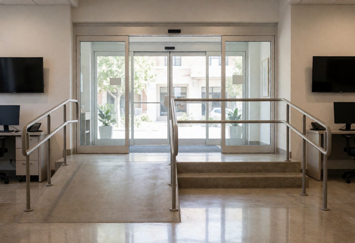 Modern accessible entrance featuring a ramp and automatic door, suitable for a cupping massage center storefront.