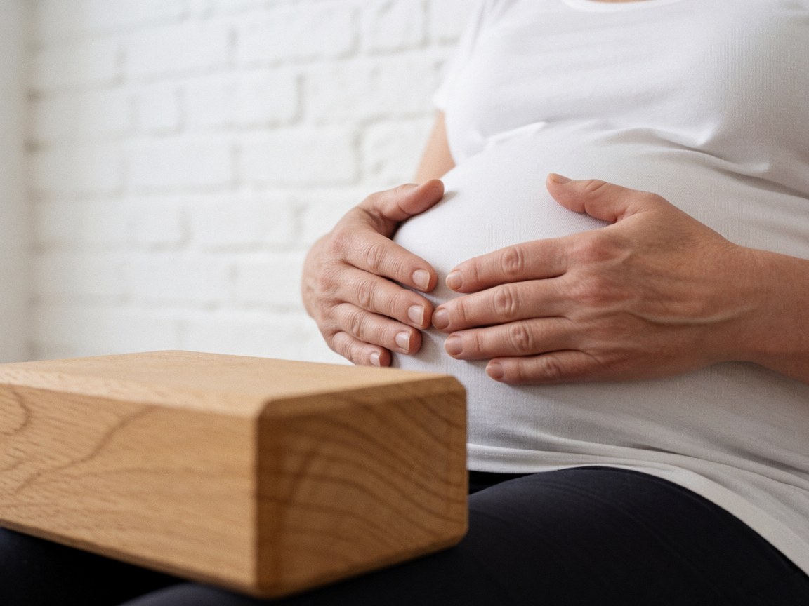 Hands placed gently on the abdomen during a yoga session with a wooden block and white brick wall in the foreground