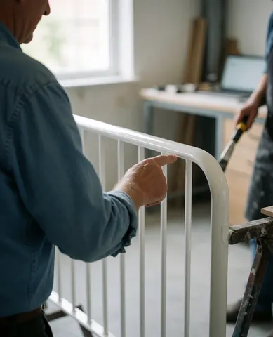 A satisfied client points to a newly painted white metal railing in an industrial welding workshop with natural light.