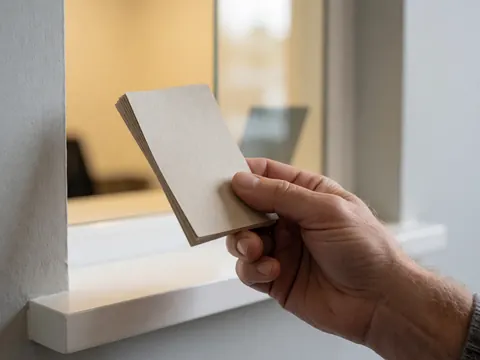 Close-up of a hand holding paper tickets at a light gray ticket booth window with warm lighting, suitable for a public pool setting
