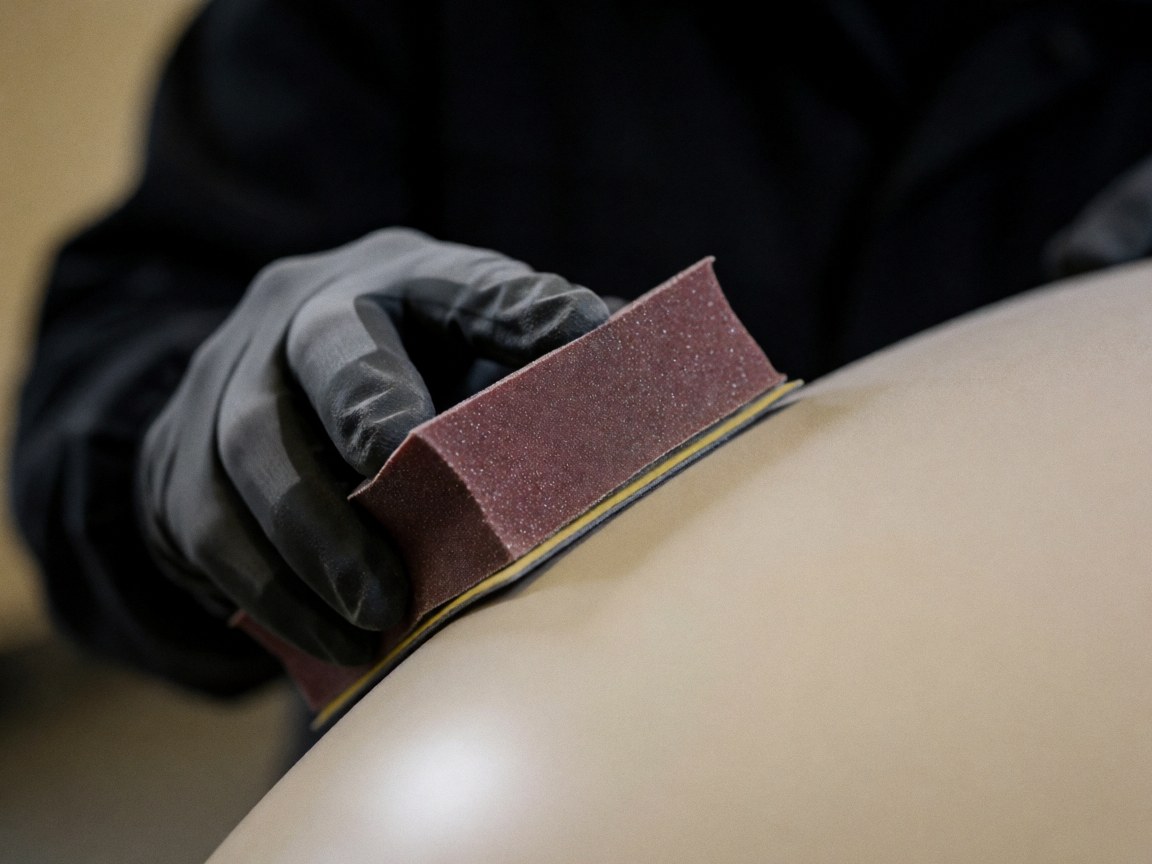 A gloved hand uses an 800-grit sanding block on a curved car panel in a dark workshop with focused lighting.