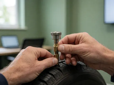 Close-up of hands using a tool to adjust a tire valve stem in a repair shop with green walls and natural light