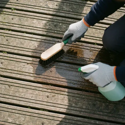 Close-up of gloved hands scrubbing a mossy wooden deck with detergent to remove mold and restore the surface.