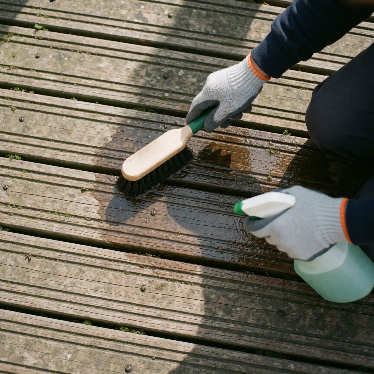 Close-up of gloved hands scrubbing a mossy wooden deck with detergent to remove mold and restore the surface.
