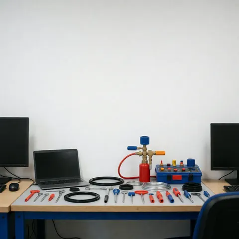 Boiler repair team pressure test kit, wrenches, and hoses arranged on a workbench in a workshop.
