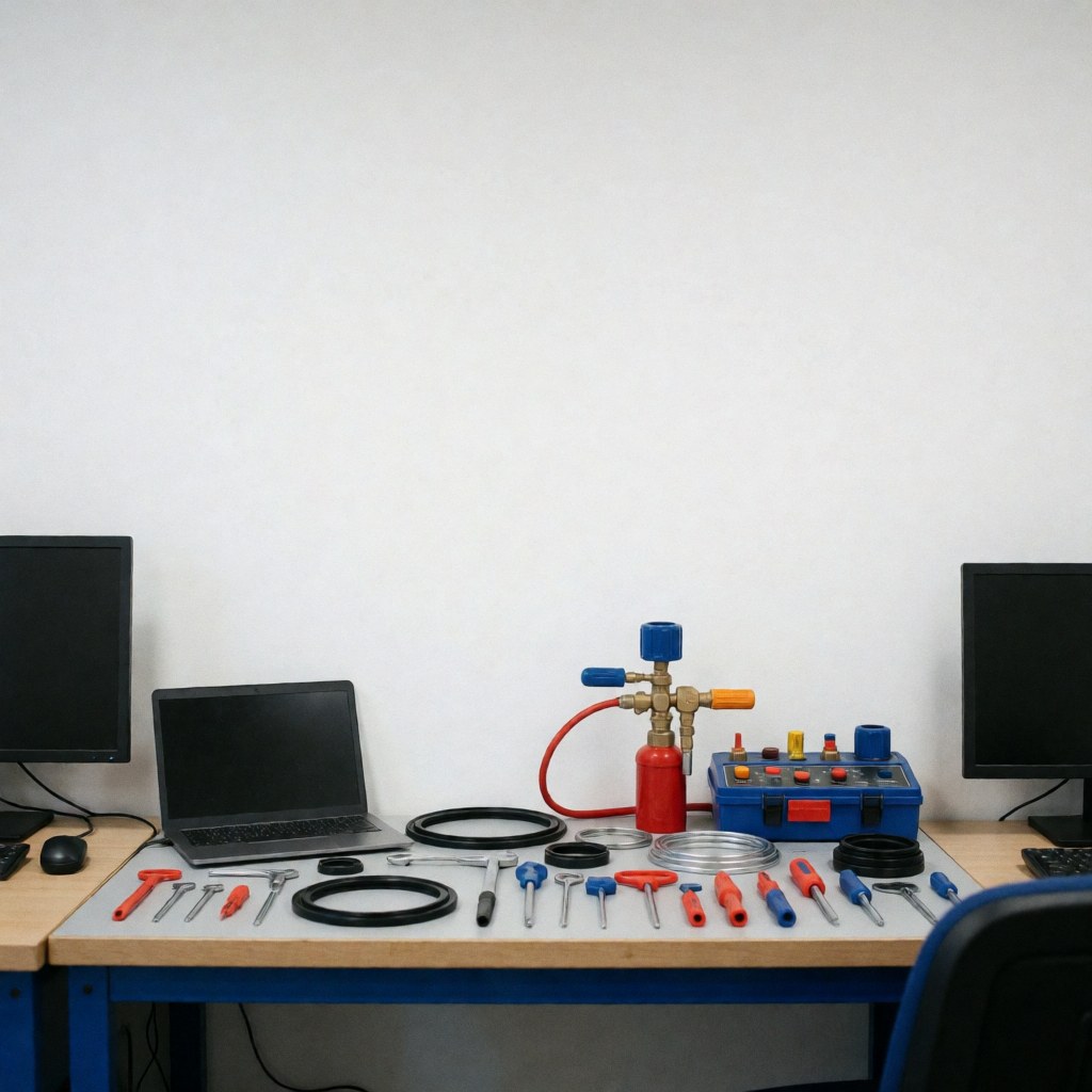 Boiler repair team pressure test kit, wrenches, and hoses arranged on a workbench in a workshop.