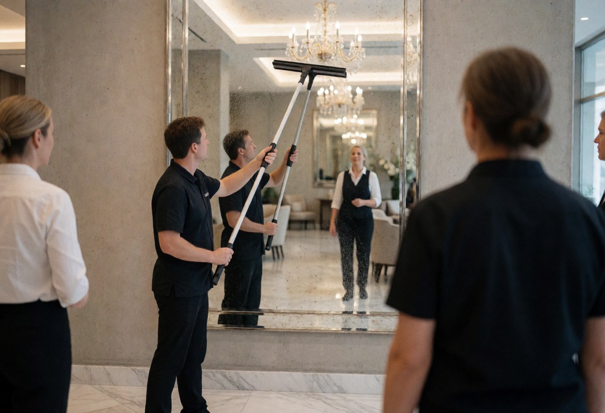 Worker cleaning a large mirror in a hotel lobby with a squeegee, reflecting an elegant chandelier and marble floor.
