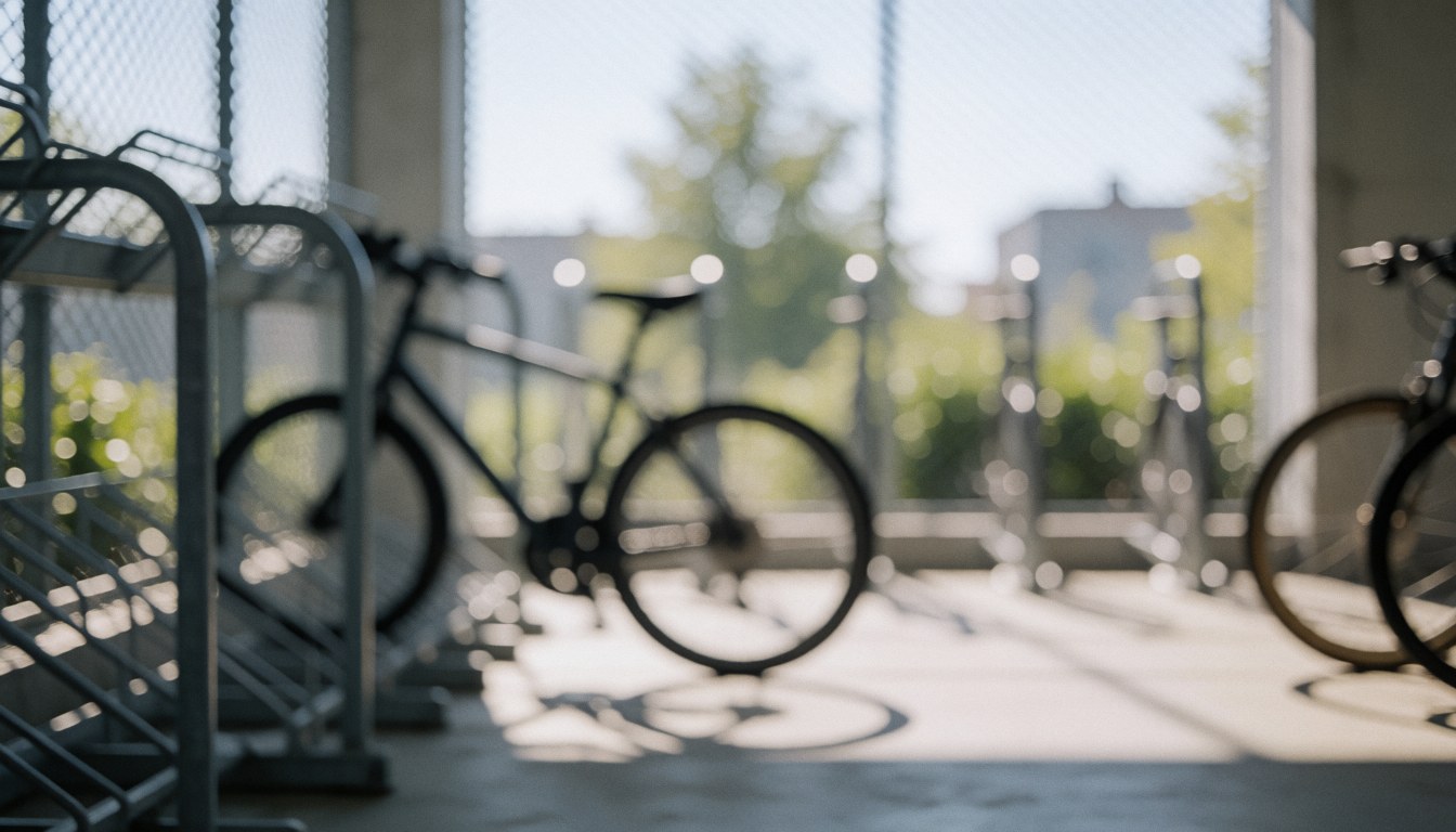 Metal bicycle racks in a parking area with blurred wheels, chain-link fence and concrete background suitable for cycling instructors