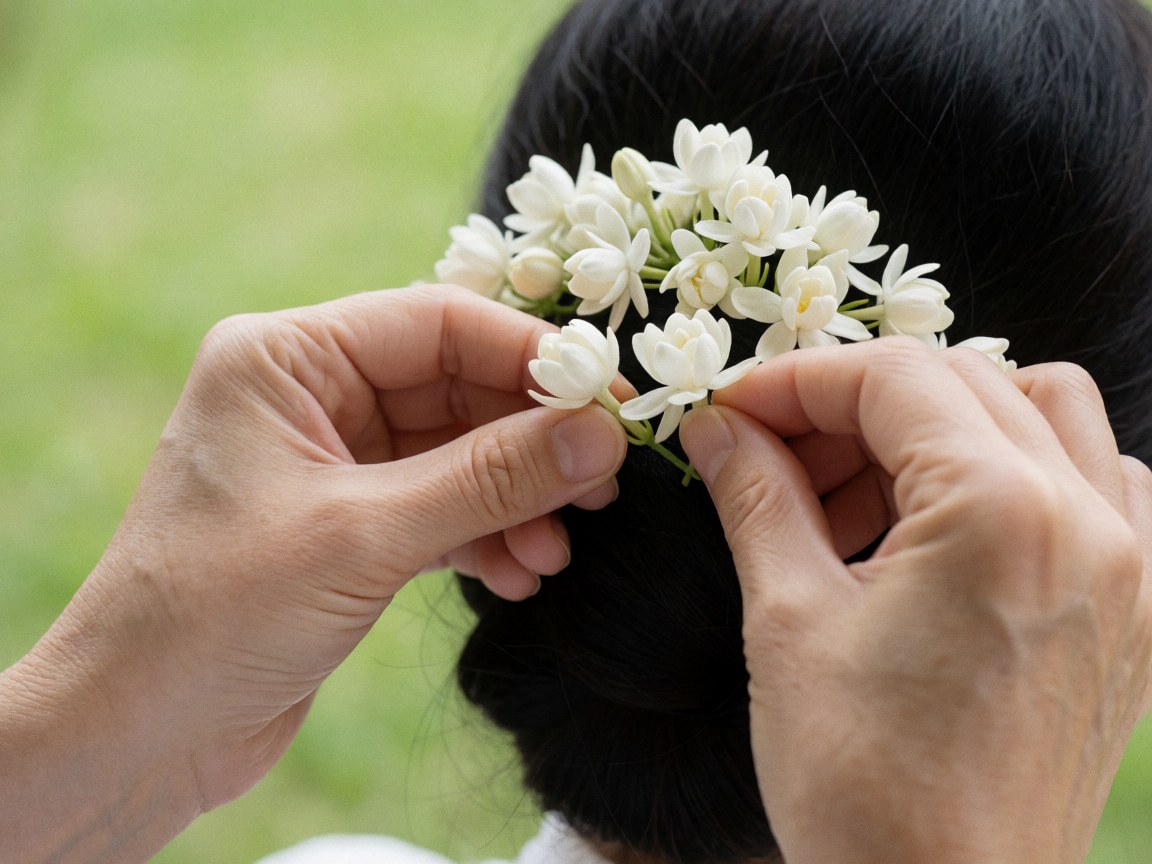Close-up of hands delicately arranging white jasmine flowers in dark hair against a blurred green background, ideal for dance instructors.