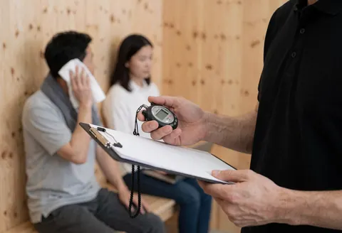 Boxing coach checks a digital timer and portfolio while clients rest on a wooden bench during a training session.