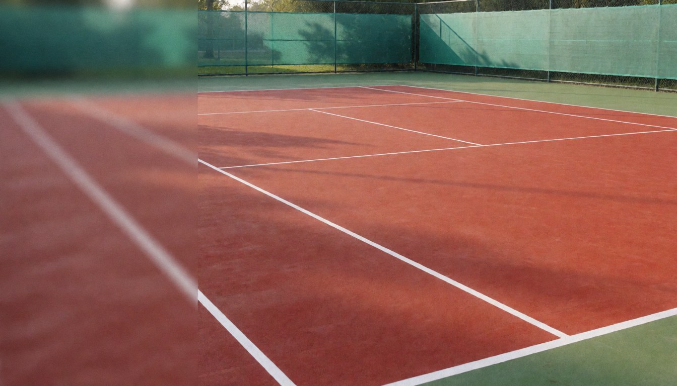 Empty red clay tennis court with white boundary lines and a green fence, suitable as a background for tennis instructor content