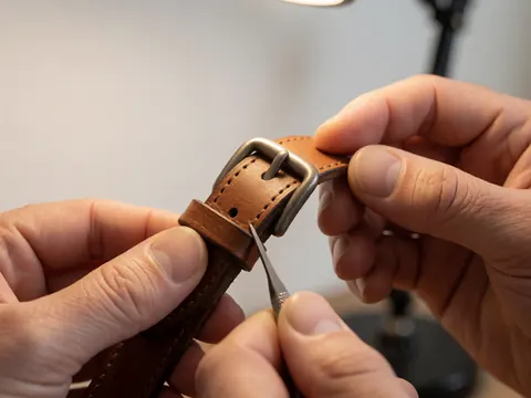 Close-up of hands using a precision tool to adjust a brown leather watch strap clasp against a white background, highlighting metal hardware and stitching details.