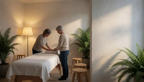 Therapist applying massage on white table in reflexology room with plants and warm light