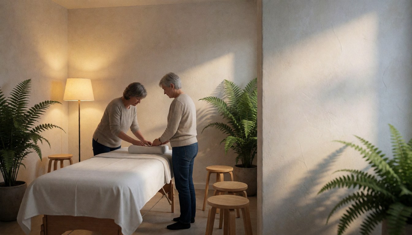Therapist applying massage on white table in reflexology room with plants and warm light
