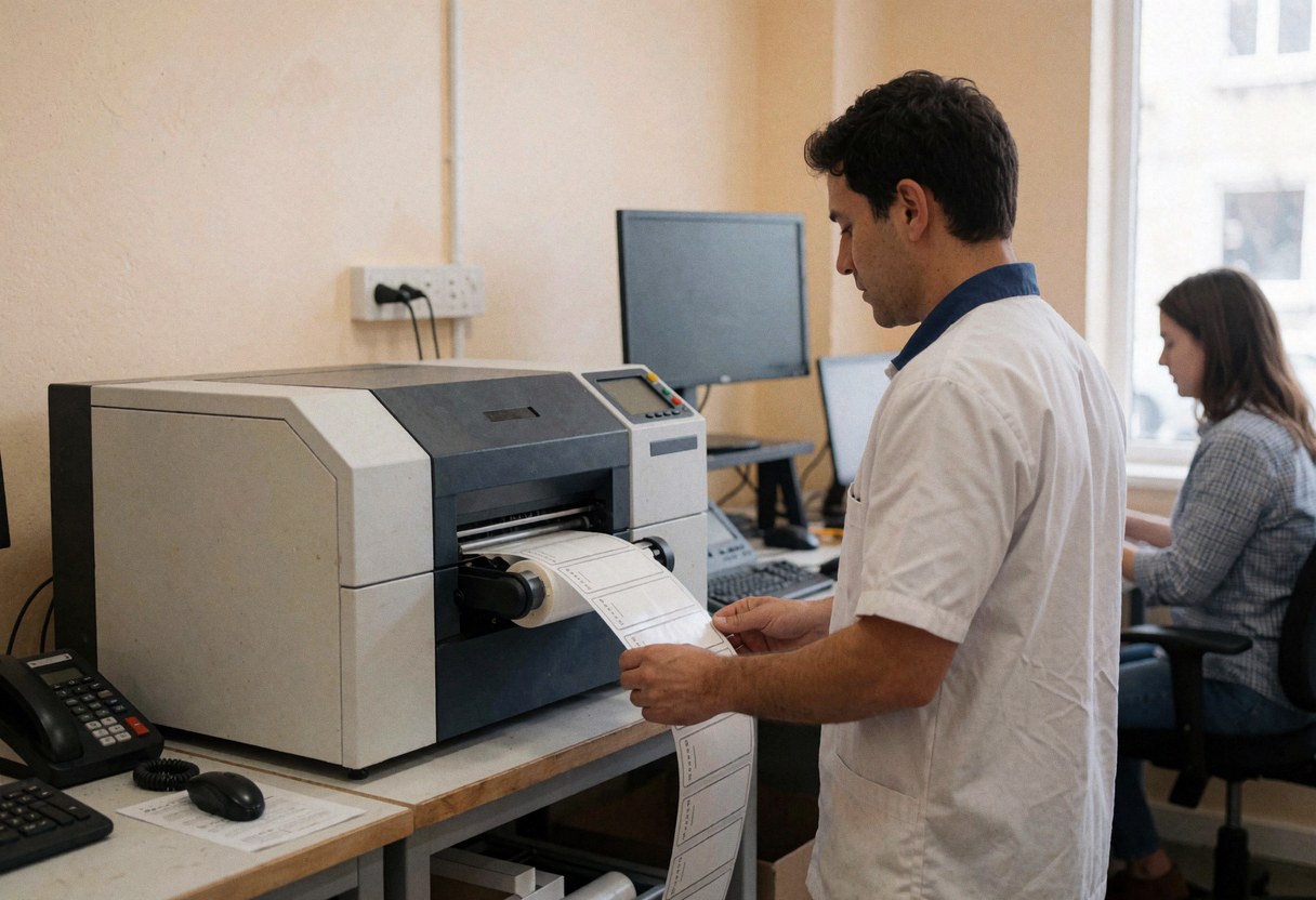 Technician checking printed labels on a large format printer in a workshop with beige walls and natural light.